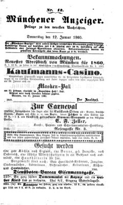 Münchener Anzeiger (Münchner neueste Nachrichten) Donnerstag 12. Januar 1860