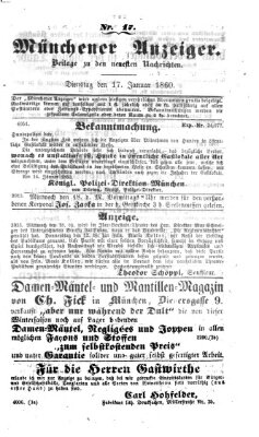 Münchener Anzeiger (Münchner neueste Nachrichten) Dienstag 17. Januar 1860