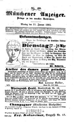 Münchener Anzeiger (Münchner neueste Nachrichten) Montag 23. Januar 1860