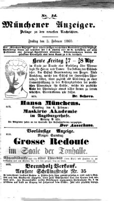 Münchener Anzeiger (Münchner neueste Nachrichten) Freitag 3. Februar 1860