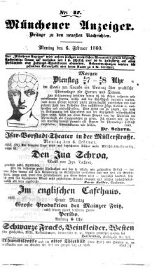 Münchener Anzeiger (Münchner neueste Nachrichten) Montag 6. Februar 1860