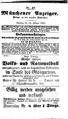 Münchener Anzeiger (Münchner neueste Nachrichten) Dienstag 14. Februar 1860