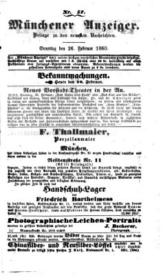 Münchener Anzeiger (Münchner neueste Nachrichten) Sonntag 26. Februar 1860