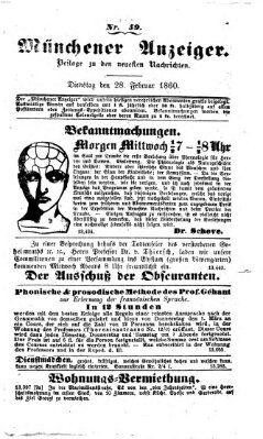 Münchener Anzeiger (Münchner neueste Nachrichten) Dienstag 28. Februar 1860