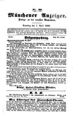 Münchener Anzeiger (Münchner neueste Nachrichten) Samstag 7. April 1860