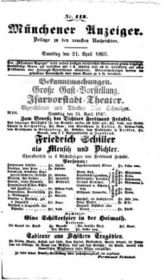 Münchener Anzeiger (Münchner neueste Nachrichten) Samstag 21. April 1860