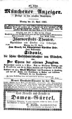 Münchener Anzeiger (Münchner neueste Nachrichten) Montag 23. April 1860