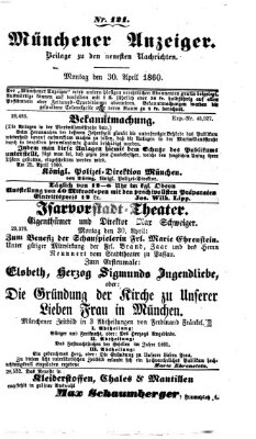 Münchener Anzeiger (Münchner neueste Nachrichten) Montag 30. April 1860