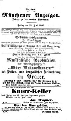 Münchener Anzeiger (Münchner neueste Nachrichten) Freitag 15. Juni 1860