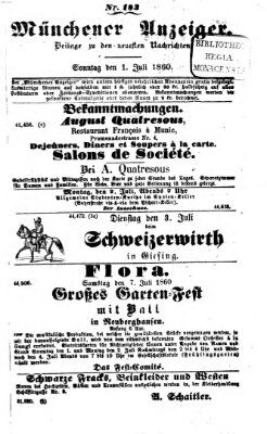 Münchener Anzeiger (Münchner neueste Nachrichten) Sonntag 1. Juli 1860