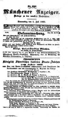 Münchener Anzeiger (Münchner neueste Nachrichten) Donnerstag 5. Juli 1860