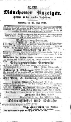 Münchener Anzeiger (Münchner neueste Nachrichten) Samstag 28. Juli 1860