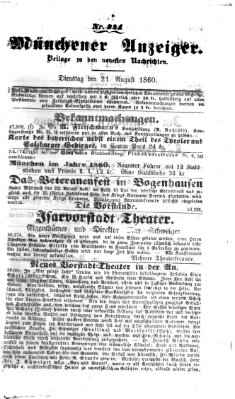 Münchener Anzeiger (Münchner neueste Nachrichten) Dienstag 21. August 1860