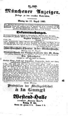 Münchener Anzeiger (Münchner neueste Nachrichten) Montag 27. August 1860