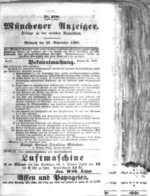 Münchener Anzeiger (Münchner neueste Nachrichten) Mittwoch 26. September 1860