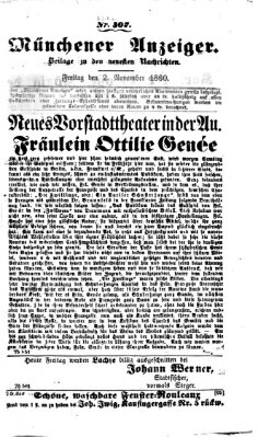 Münchener Anzeiger (Münchner neueste Nachrichten) Freitag 2. November 1860