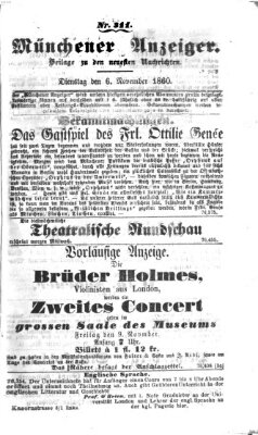 Münchener Anzeiger (Münchner neueste Nachrichten) Dienstag 6. November 1860