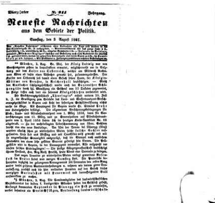 Neueste Nachrichten aus dem Gebiete der Politik (Münchner neueste Nachrichten) Samstag 3. August 1861