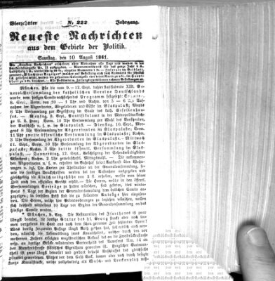 Neueste Nachrichten aus dem Gebiete der Politik (Münchner neueste Nachrichten) Samstag 10. August 1861