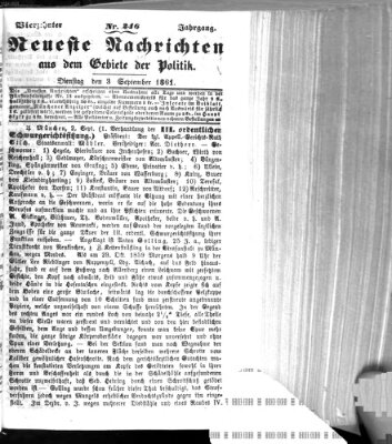 Neueste Nachrichten aus dem Gebiete der Politik (Münchner neueste Nachrichten) Dienstag 3. September 1861