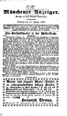 Münchener Anzeiger (Münchner neueste Nachrichten) Sonntag 13. Januar 1861