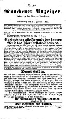 Münchener Anzeiger (Münchner neueste Nachrichten) Donnerstag 17. Januar 1861