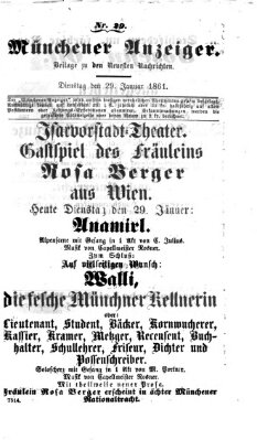 Münchener Anzeiger (Münchner neueste Nachrichten) Dienstag 29. Januar 1861