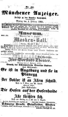 Münchener Anzeiger (Münchner neueste Nachrichten) Montag 4. Februar 1861