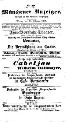 Münchener Anzeiger (Münchner neueste Nachrichten) Montag 18. Februar 1861