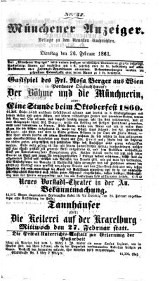 Münchener Anzeiger (Münchner neueste Nachrichten) Dienstag 26. Februar 1861