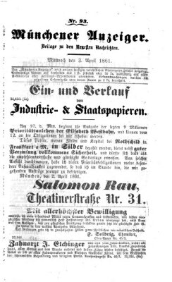 Münchener Anzeiger (Münchner neueste Nachrichten) Mittwoch 3. April 1861