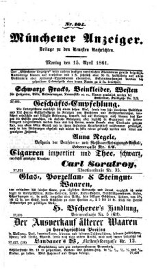 Münchener Anzeiger (Münchner neueste Nachrichten) Montag 15. April 1861