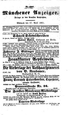 Münchener Anzeiger (Münchner neueste Nachrichten) Mittwoch 17. April 1861