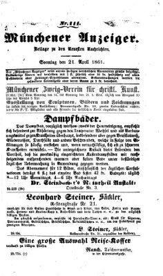 Münchener Anzeiger (Münchner neueste Nachrichten) Sonntag 21. April 1861