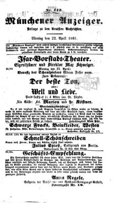 Münchener Anzeiger (Münchner neueste Nachrichten) Montag 22. April 1861