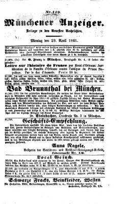 Münchener Anzeiger (Münchner neueste Nachrichten) Montag 29. April 1861