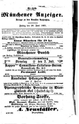 Münchener Anzeiger (Münchner neueste Nachrichten) Freitag 28. Juni 1861