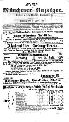 Münchener Anzeiger (Münchner neueste Nachrichten) Montag 1. Juli 1861