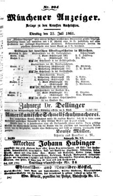 Münchener Anzeiger (Münchner neueste Nachrichten) Dienstag 23. Juli 1861