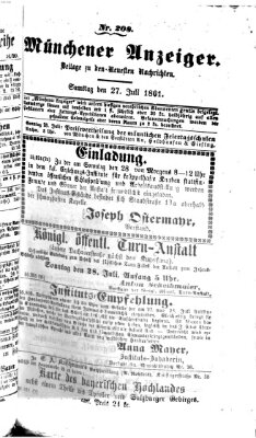 Münchener Anzeiger (Münchner neueste Nachrichten) Samstag 27. Juli 1861