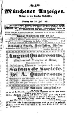 Münchener Anzeiger (Münchner neueste Nachrichten) Montag 29. Juli 1861