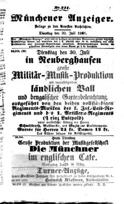 Münchener Anzeiger (Münchner neueste Nachrichten) Dienstag 30. Juli 1861