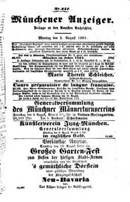 Münchener Anzeiger (Münchner neueste Nachrichten) Montag 5. August 1861