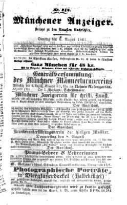 Münchener Anzeiger (Münchner neueste Nachrichten) Dienstag 6. August 1861