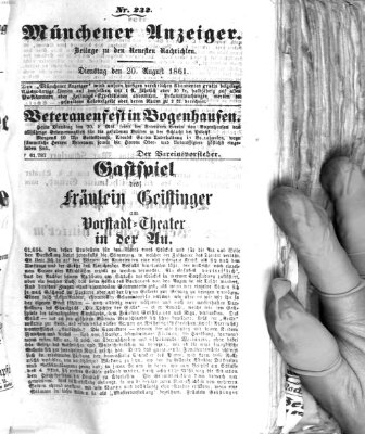 Münchener Anzeiger (Münchner neueste Nachrichten) Dienstag 20. August 1861