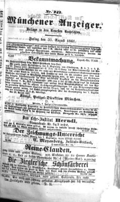 Münchener Anzeiger (Münchner neueste Nachrichten) Freitag 30. August 1861