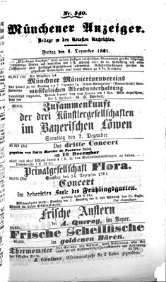 Münchener Anzeiger (Münchner neueste Nachrichten) Freitag 6. Dezember 1861