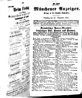 Münchener Anzeiger (Münchner neueste Nachrichten) Dienstag 31. Dezember 1861