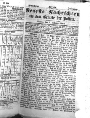 Neueste Nachrichten aus dem Gebiete der Politik (Münchner neueste Nachrichten) Montag 3. Februar 1862