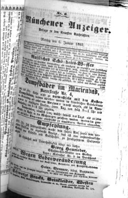 Münchener Anzeiger (Münchner neueste Nachrichten) Montag 6. Januar 1862